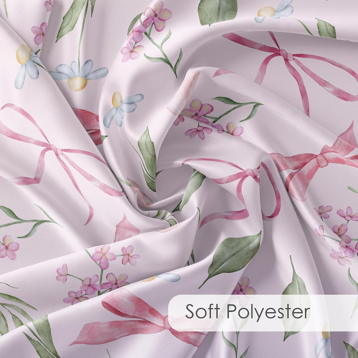 Pink Bow Floral Shower Curtain Bows with Vintage Flower Pink and Green Shower Curtain Set for Girls Bathroom Summer Wildflower Plant Cute Bathroom Shower Fabric Curtains with Hook,60x72 Inch