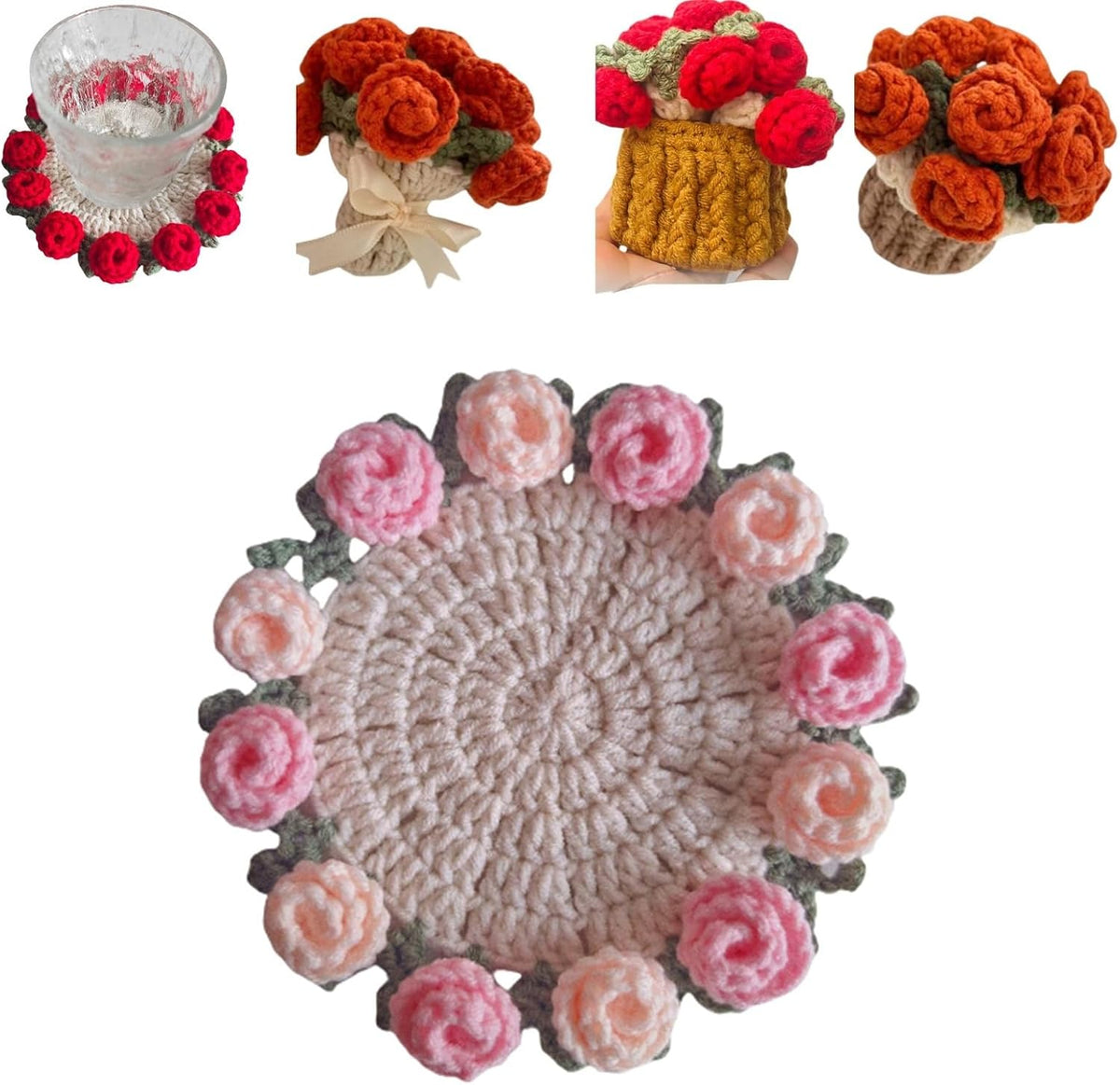 Crochet Flower Bouquet Blanket Coasters, Cute Crochet Rose, Fun Soft Decorative Coasters, for Office or Home (Pink)