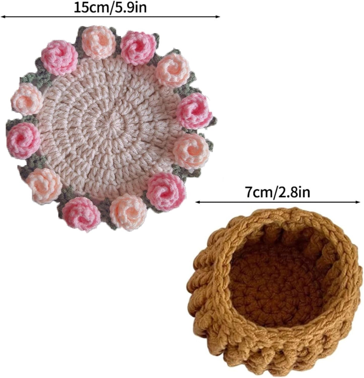 Crochet Flower Bouquet Blanket Coasters, Cute Crochet Rose, Fun Soft Decorative Coasters, for Office or Home (Pink)