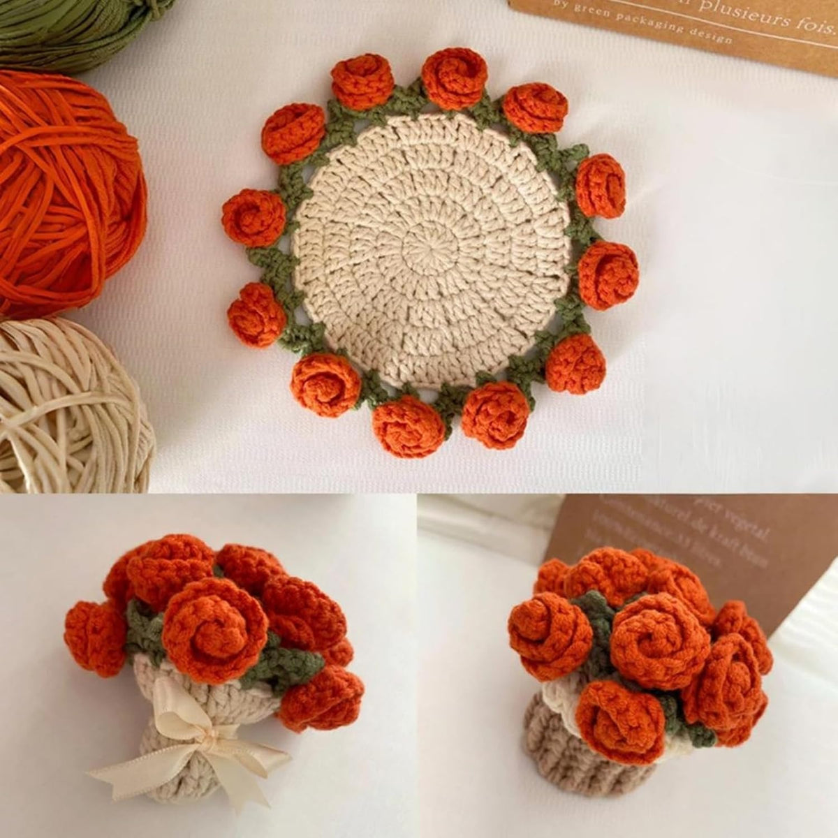Crochet Flower Bouquet Blanket Coasters, Cute Crochet Rose, Fun Soft Decorative Coasters, for Office or Home (Pink)