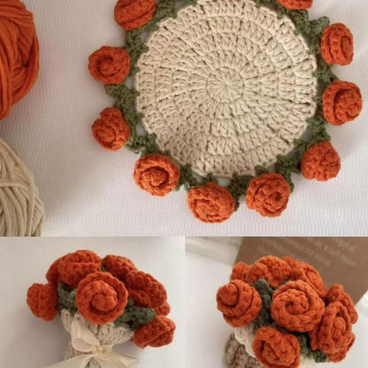 Crochet Flower Bouquet Blanket Coasters, Cute Crochet Rose, Fun Soft Decorative Coasters, for Office or Home (Pink)