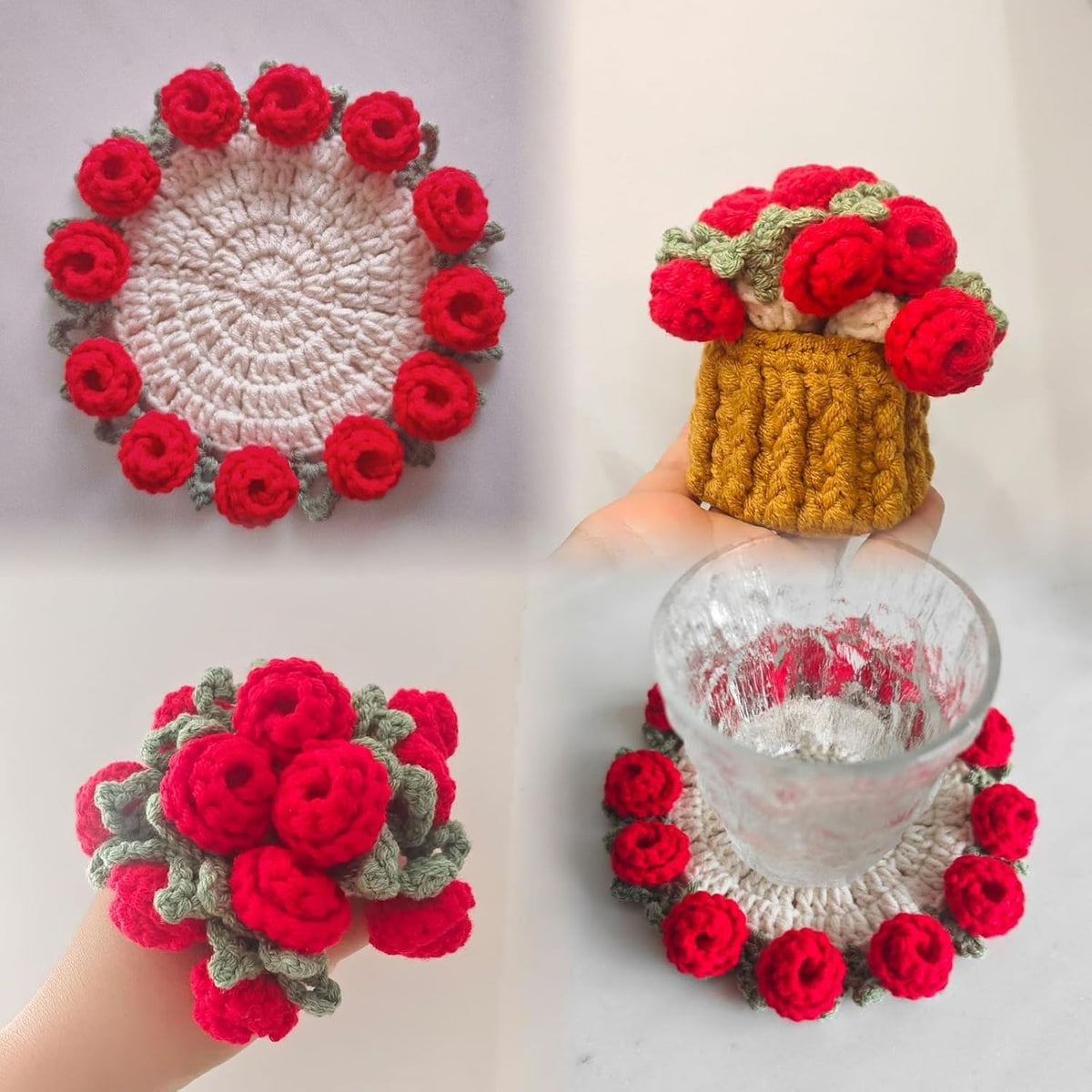 Crochet Flower Bouquet Blanket Coasters, Cute Crochet Rose, Fun Soft Decorative Coasters, for Office or Home (Pink)