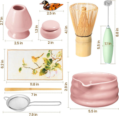 Matcha Whisk Set and Bowl, Matcha Making Kit Whisk, Bowl With Spout, Sifter, Ceramic Whisk Holder, Spoon Japanese Tea Powder Starter Tools For Ceremony Gift (Pink, 9 Pack)