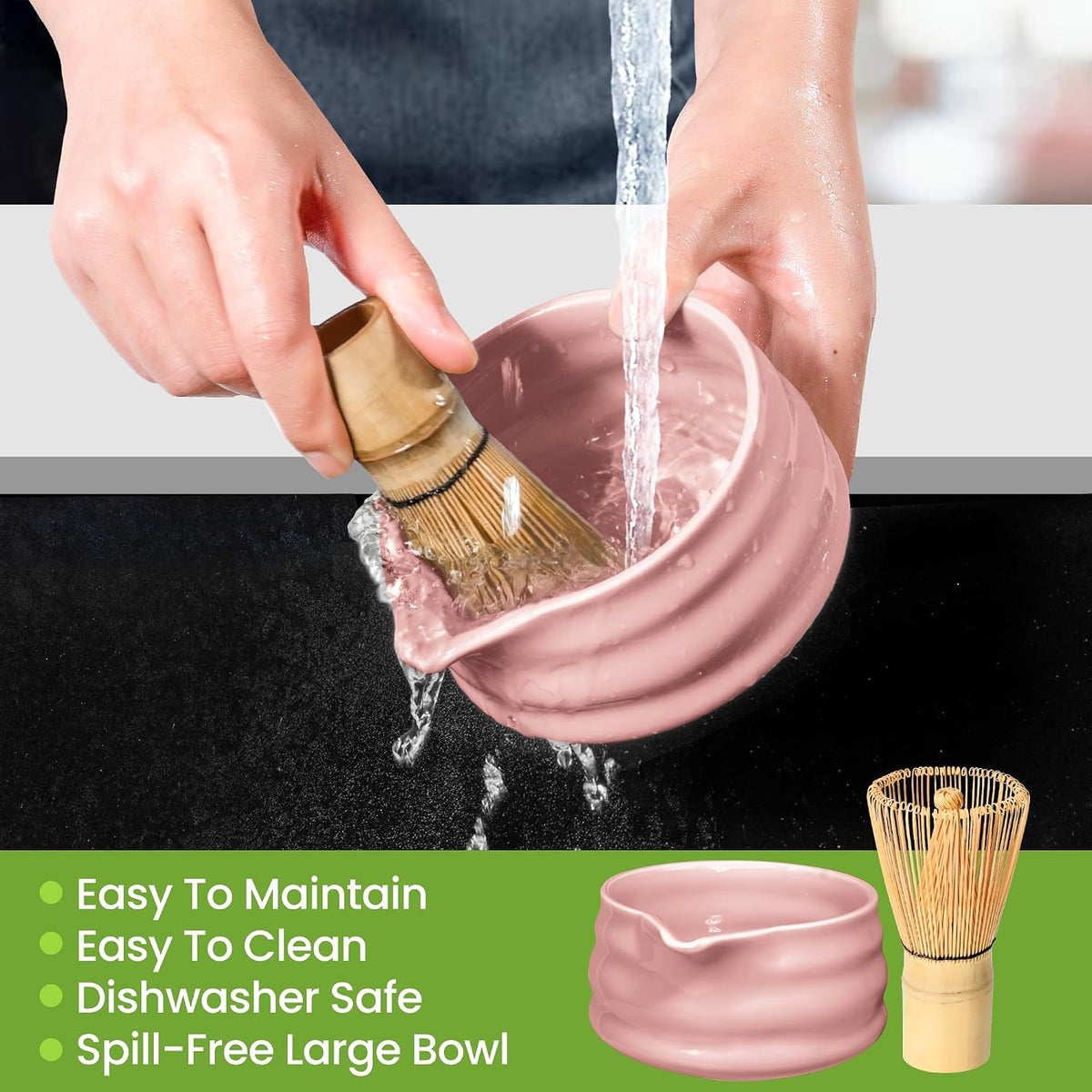 Matcha Whisk Set and Bowl, Matcha Making Kit Whisk, Bowl With Spout, Sifter, Ceramic Whisk Holder, Spoon Japanese Tea Powder Starter Tools For Ceremony Gift (Pink, 9 Pack)