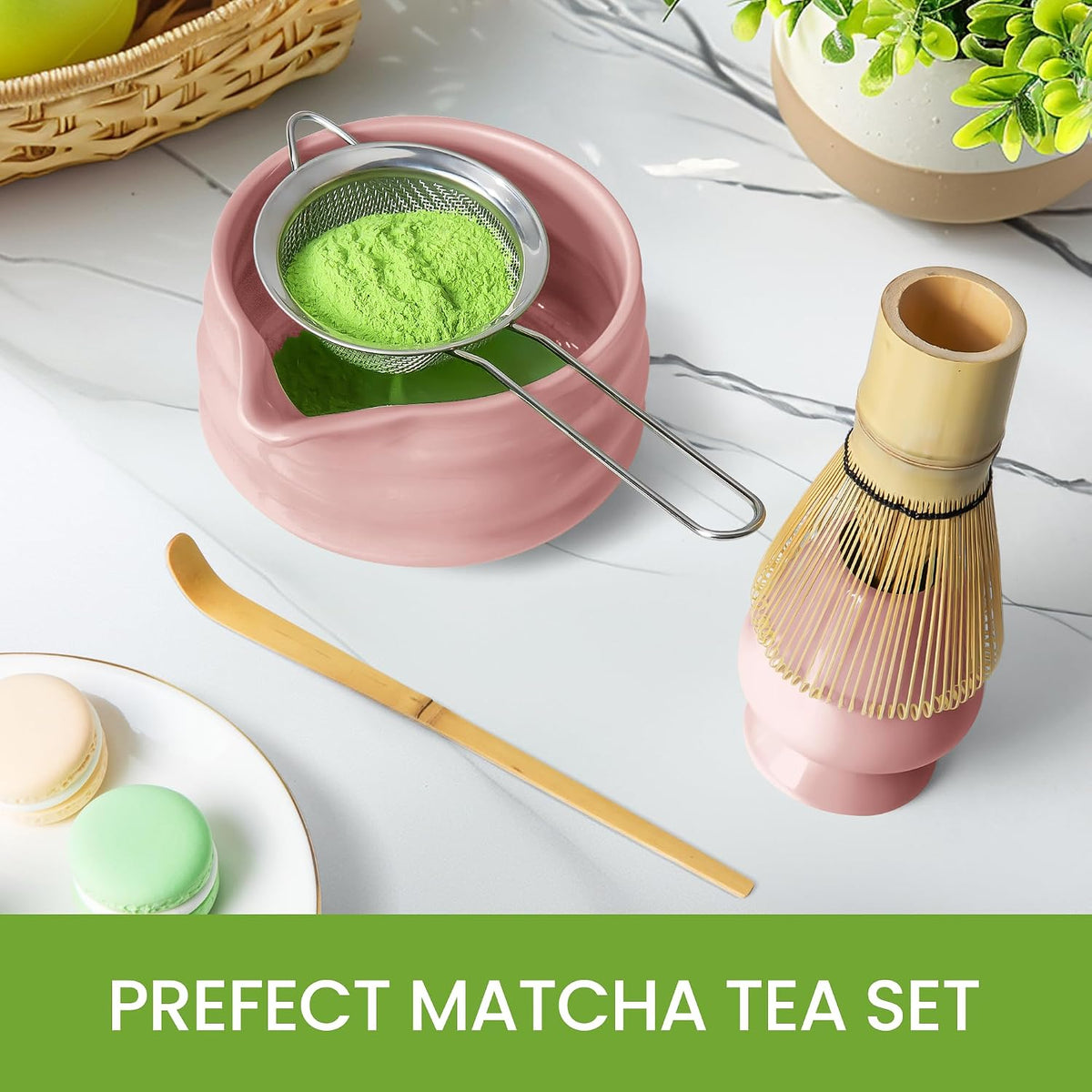 Matcha Whisk Set and Bowl, Matcha Making Kit Whisk, Bowl With Spout, Sifter, Ceramic Whisk Holder, Spoon Japanese Tea Powder Starter Tools For Ceremony Gift (Pink, 9 Pack)