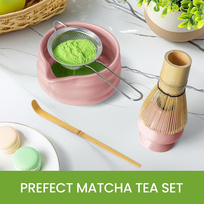 Matcha Whisk Set and Bowl, Matcha Making Kit Whisk, Bowl With Spout, Sifter, Ceramic Whisk Holder, Spoon Japanese Tea Powder Starter Tools For Ceremony Gift (Pink, 9 Pack)
