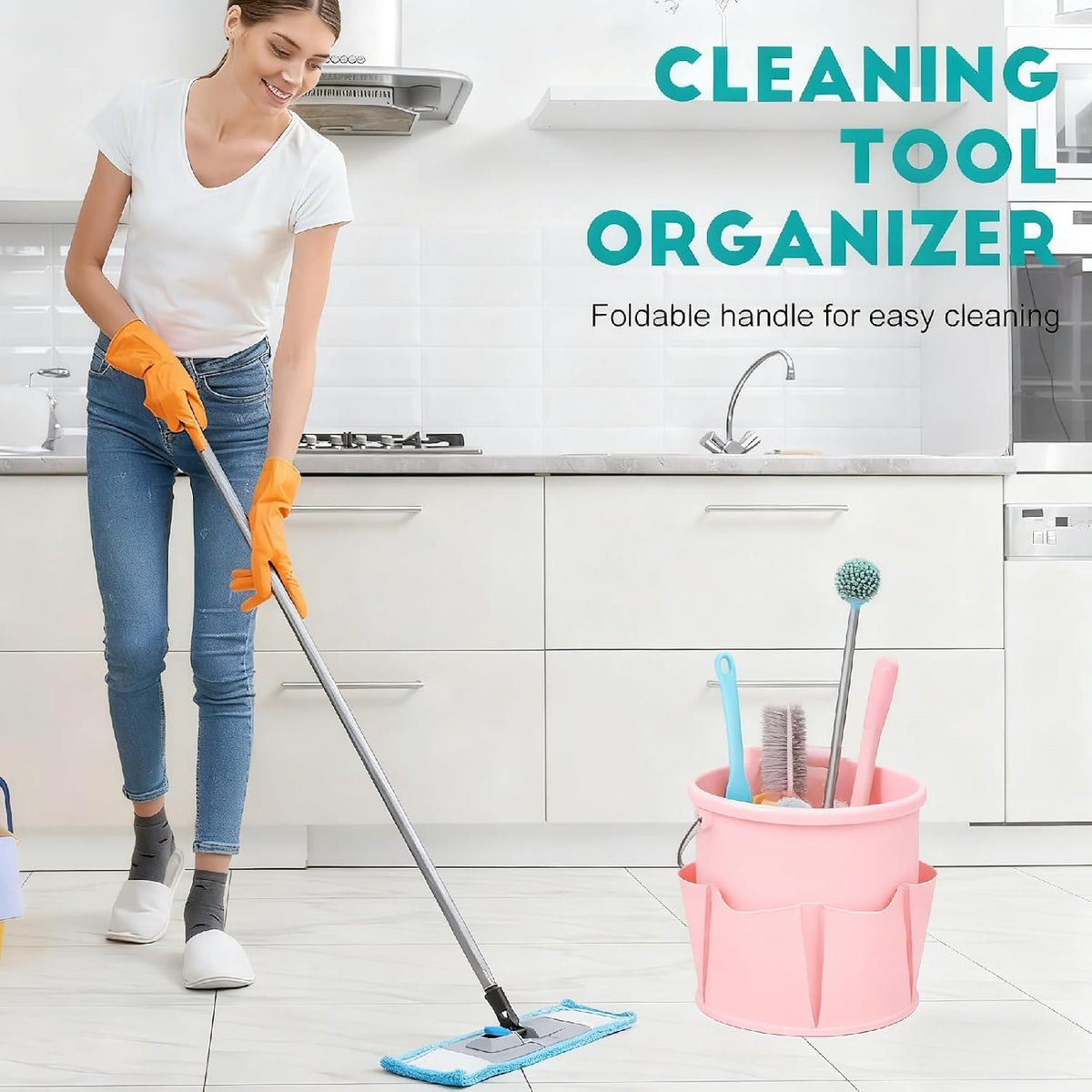Cleaning Caddy for Cleaning Supplies,17L Cleaning Supply Caddy with Handle Foldable Cleaning Supplies Organizer Bucket Cleaning Products Organizers for Home, Garden (Light Pink)