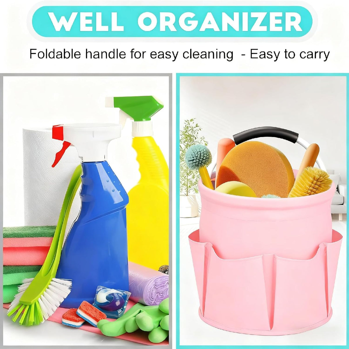 Cleaning Caddy for Cleaning Supplies,17L Cleaning Supply Caddy with Handle Foldable Cleaning Supplies Organizer Bucket Cleaning Products Organizers for Home, Garden (Light Pink)