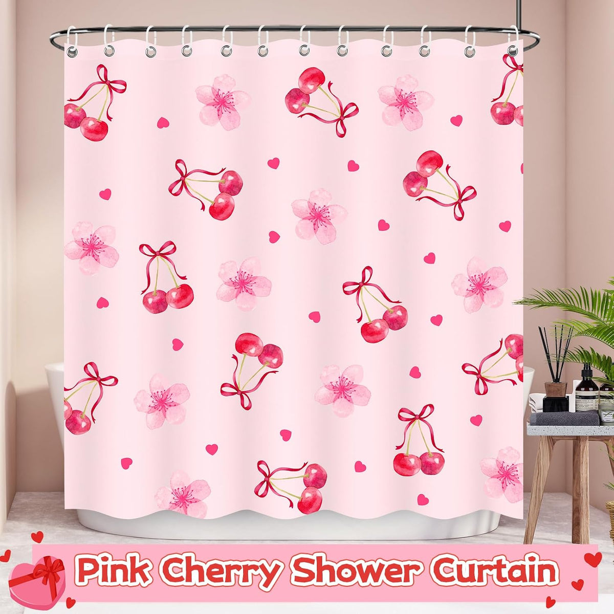 Cherry Shower Curtain, Pink Shower Curtain