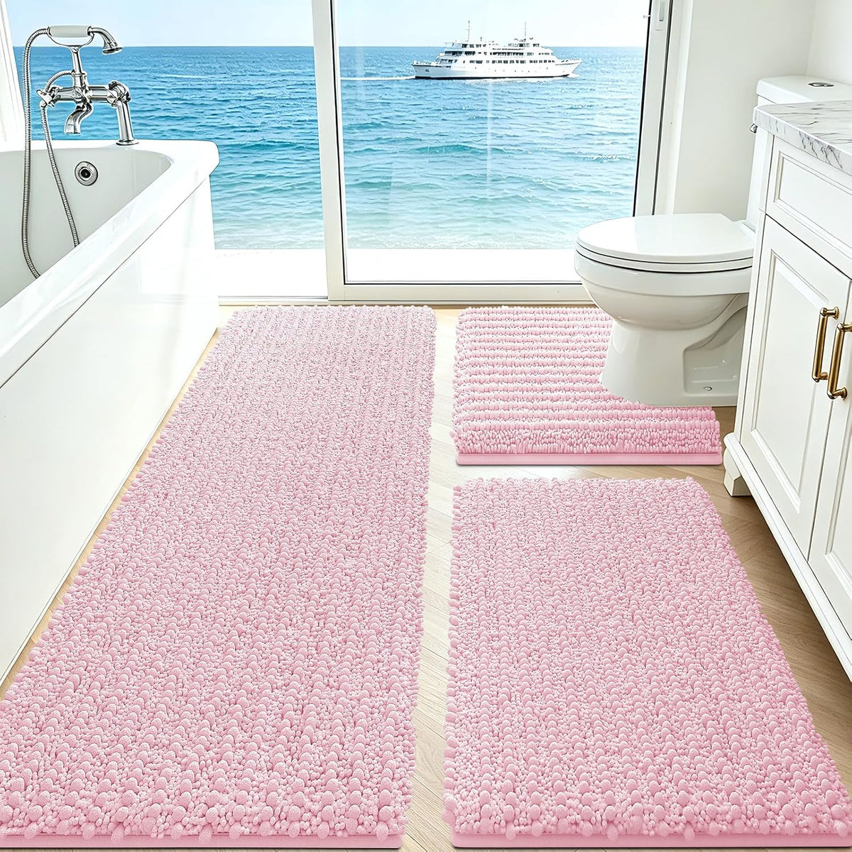 Upgrade Extra Large Pink Bathroom Rug Set 3 Pieces Ultra Soft, Thick Absorbent Bath Mats, Non Slip Chenille Toilet Mat for Bathroom, Bedroom, Kitchen