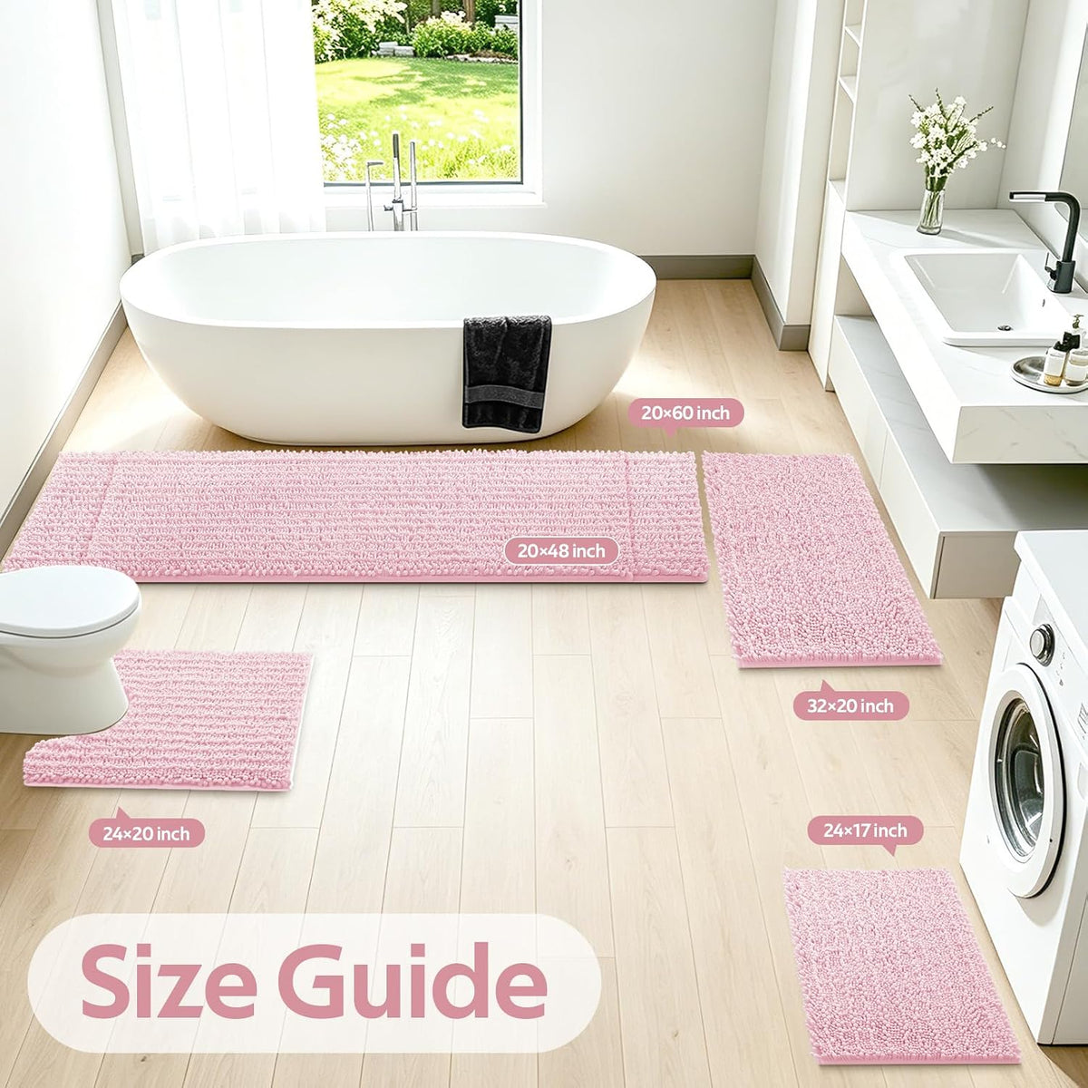 Upgrade Extra Large Pink Bathroom Rug Set 3 Pieces Ultra Soft, Thick Absorbent Bath Mats, Non Slip Chenille Toilet Mat for Bathroom, Bedroom, Kitchen