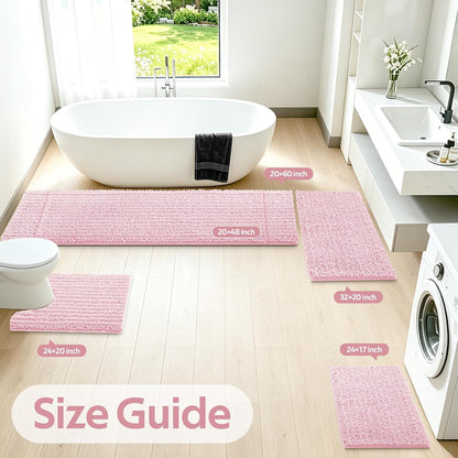 Upgrade Extra Large Pink Bathroom Rug Set 3 Pieces Ultra Soft, Thick Absorbent Bath Mats, Non Slip Chenille Toilet Mat for Bathroom, Bedroom, Kitchen
