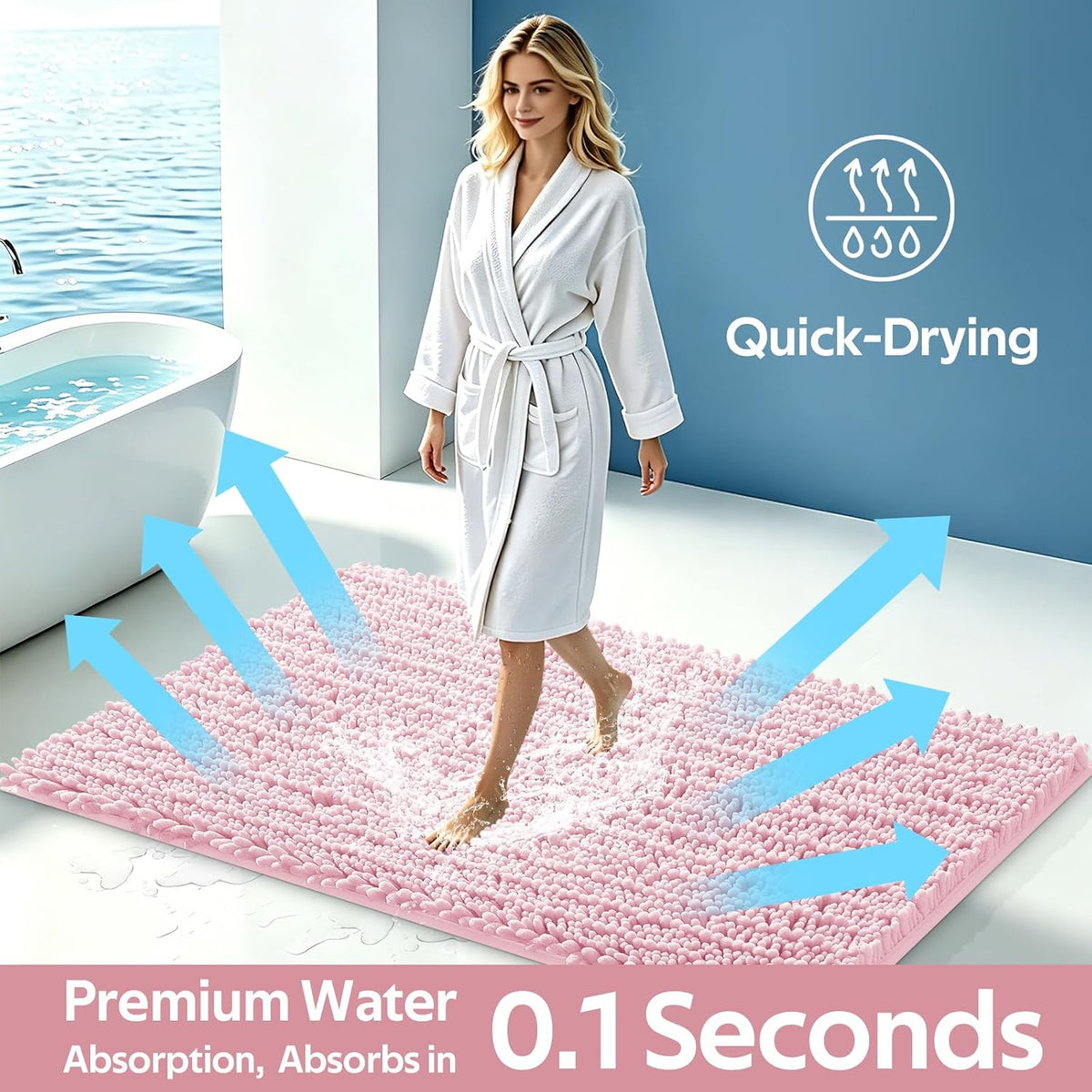 Upgrade Extra Large Pink Bathroom Rug Set 3 Pieces Ultra Soft, Thick Absorbent Bath Mats, Non Slip Chenille Toilet Mat for Bathroom, Bedroom, Kitchen