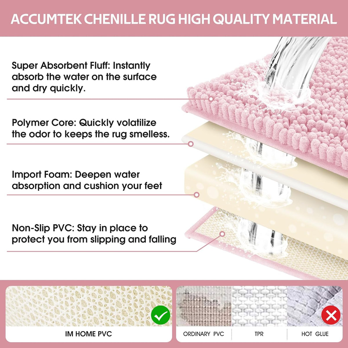 Upgrade Extra Large Pink Bathroom Rug Set 3 Pieces Ultra Soft, Thick Absorbent Bath Mats, Non Slip Chenille Toilet Mat for Bathroom, Bedroom, Kitchen