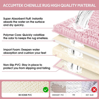 Upgrade Extra Large Pink Bathroom Rug Set 3 Pieces Ultra Soft, Thick Absorbent Bath Mats, Non Slip Chenille Toilet Mat for Bathroom, Bedroom, Kitchen