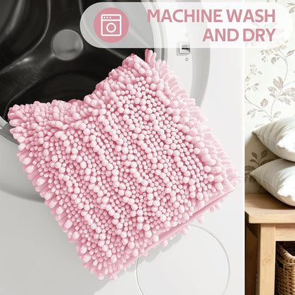 Upgrade Extra Large Pink Bathroom Rug Set 3 Pieces Ultra Soft, Thick Absorbent Bath Mats, Non Slip Chenille Toilet Mat for Bathroom, Bedroom, Kitchen