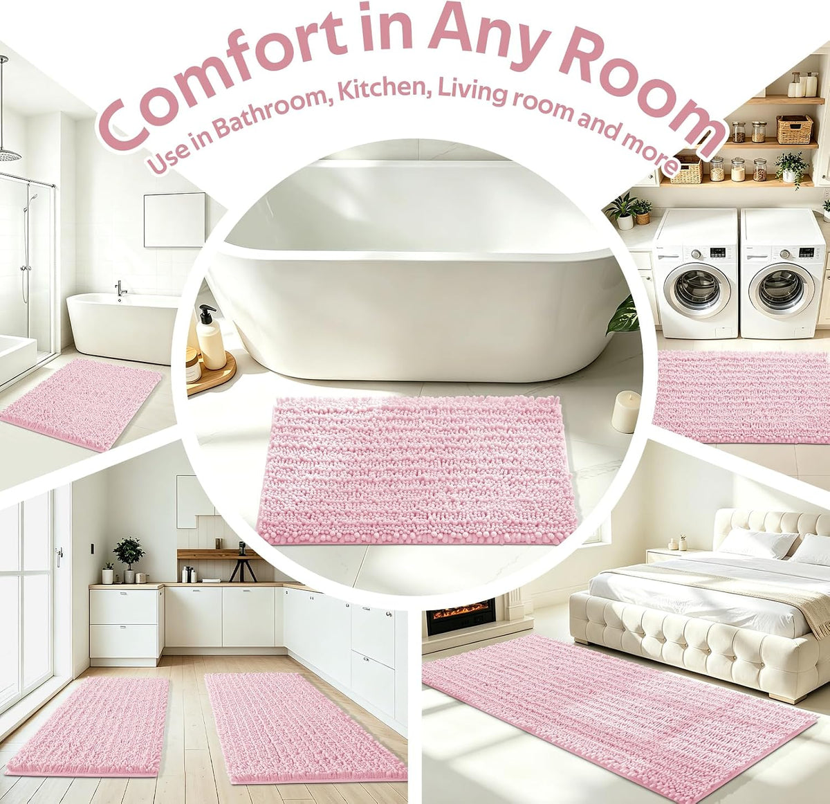 Upgrade Extra Large Pink Bathroom Rug Set 3 Pieces Ultra Soft, Thick Absorbent Bath Mats, Non Slip Chenille Toilet Mat for Bathroom, Bedroom, Kitchen