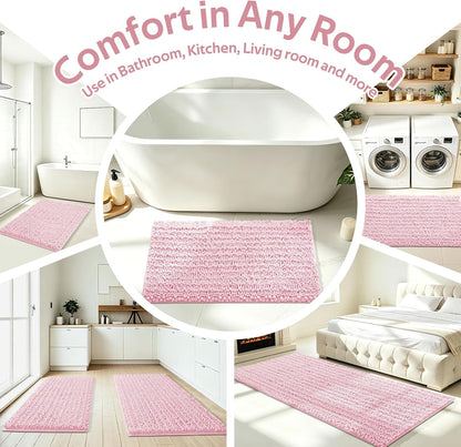 Upgrade Extra Large Pink Bathroom Rug Set 3 Pieces Ultra Soft, Thick Absorbent Bath Mats, Non Slip Chenille Toilet Mat for Bathroom, Bedroom, Kitchen