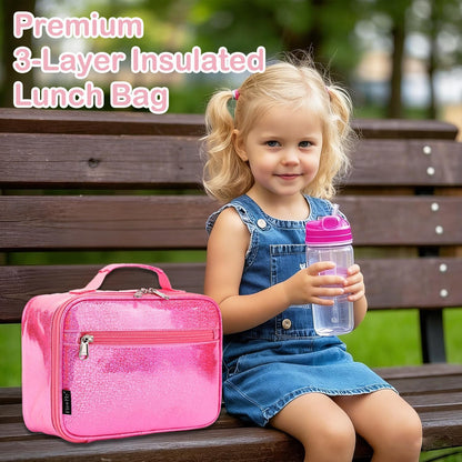Kids Lunch box Insulated Soft Bag Mini Cooler Back to School Thermal Meal Tote Kit for Girls, Boys,Pink