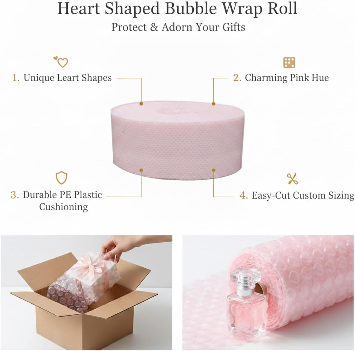 Pink Heart Bubble Wrap Roll for Gift Wrapping & Shipping Cushioning - Decorative Packaging