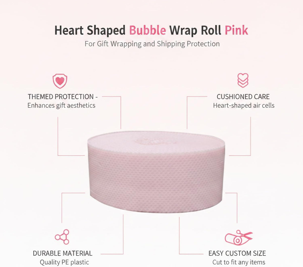 Pink Heart Bubble Wrap Roll for Gift Wrapping & Shipping Cushioning - Decorative Packaging