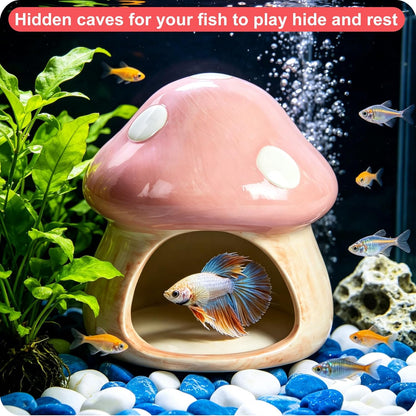Ceramic Betta Fish Tank Accessories Decor Cute Mushroom House Aquarium Decoration Hideout Cave Ornament for Small Fish, Shrimp, Goldfish and Reptiles (Pink)