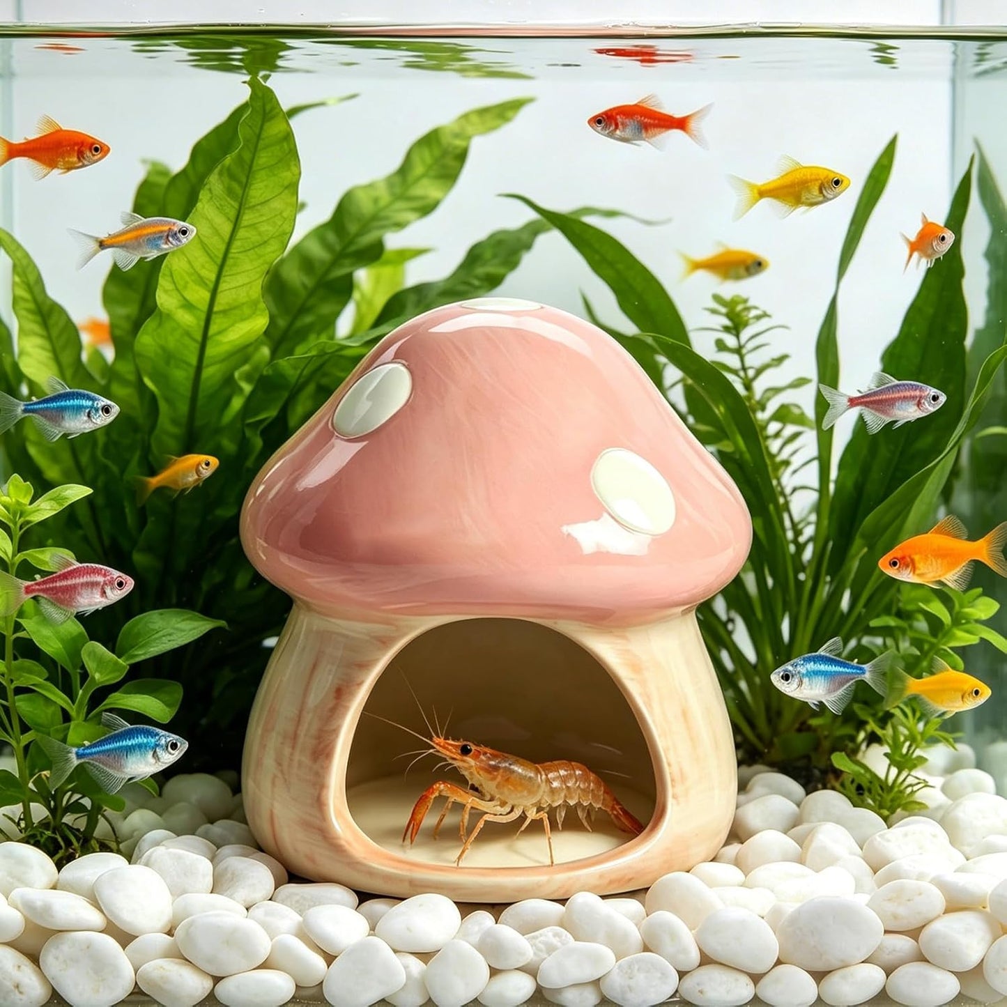 Ceramic Betta Fish Tank Accessories Decor Cute Mushroom House Aquarium Decoration Hideout Cave Ornament for Small Fish, Shrimp, Goldfish and Reptiles (Pink)
