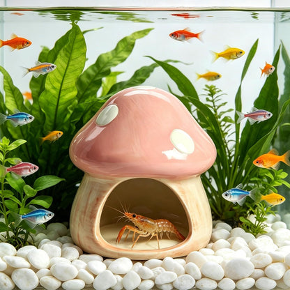 Ceramic Betta Fish Tank Accessories Decor Cute Mushroom House Aquarium Decoration Hideout Cave Ornament for Small Fish, Shrimp, Goldfish and Reptiles (Pink)