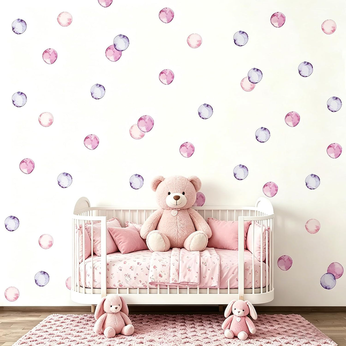 Watercolor Polka Dots Wall Decals Rainbow Colorful Removable Round Stickers for Kids Baby Girls Playroom Nursery Room (Pink Purple)