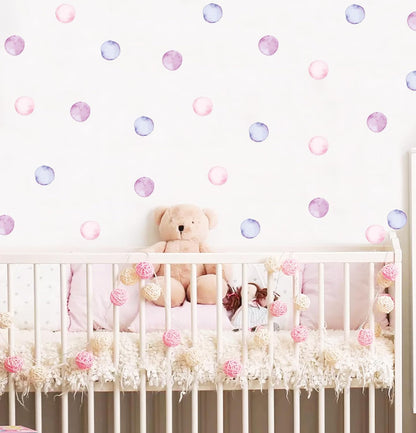 Watercolor Polka Dots Wall Decals Rainbow Colorful Removable Round Stickers for Kids Baby Girls Playroom Nursery Room (Pink Purple)