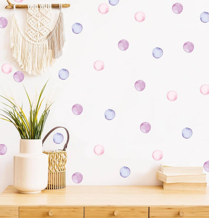 Watercolor Polka Dots Wall Decals Rainbow Colorful Removable Round Stickers for Kids Baby Girls Playroom Nursery Room (Pink Purple)