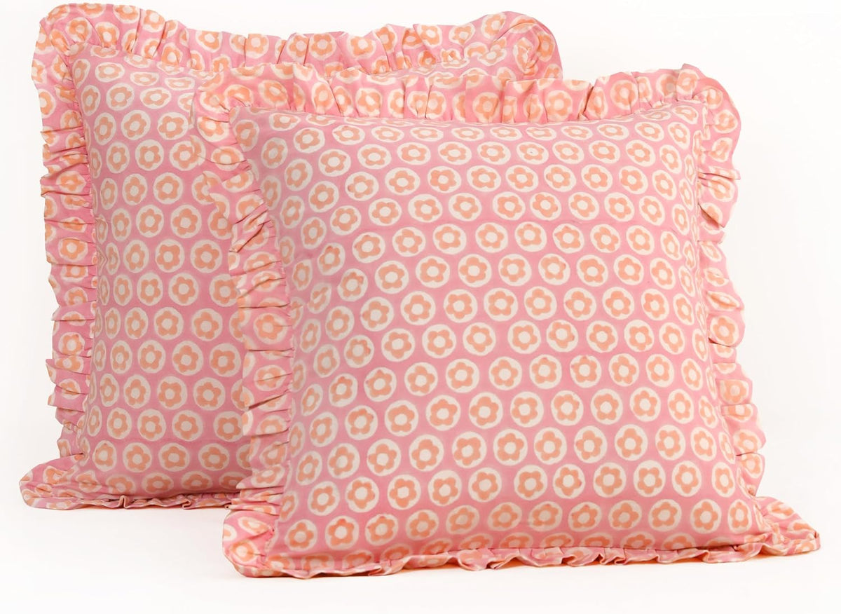Hand Block Print, artisan-made bright throw pillow covers (Set of 2) - 100% cotton ruffled cushions for sofa, bed, chair, boho home décor, Spring/Summer Refresh (Pink-Peach, 20" x 20")