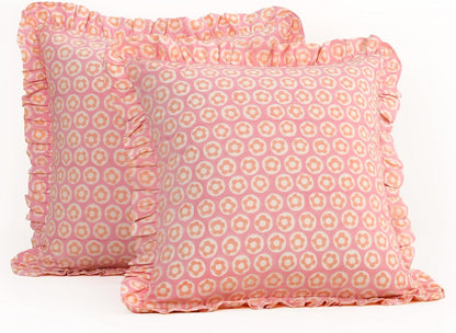 Hand Block Print, artisan-made bright throw pillow covers (Set of 2) - 100% cotton ruffled cushions for sofa, bed, chair, boho home décor, Spring/Summer Refresh (Pink-Peach, 20" x 20")