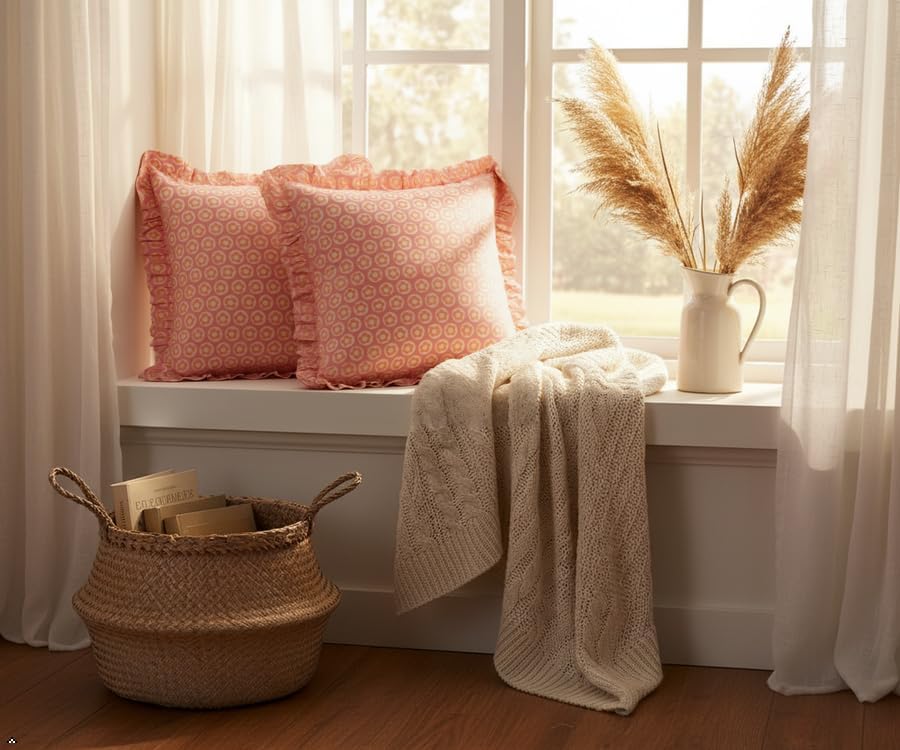 Hand Block Print, artisan-made bright throw pillow covers (Set of 2) - 100% cotton ruffled cushions for sofa, bed, chair, boho home décor, Spring/Summer Refresh (Pink-Peach, 20" x 20")