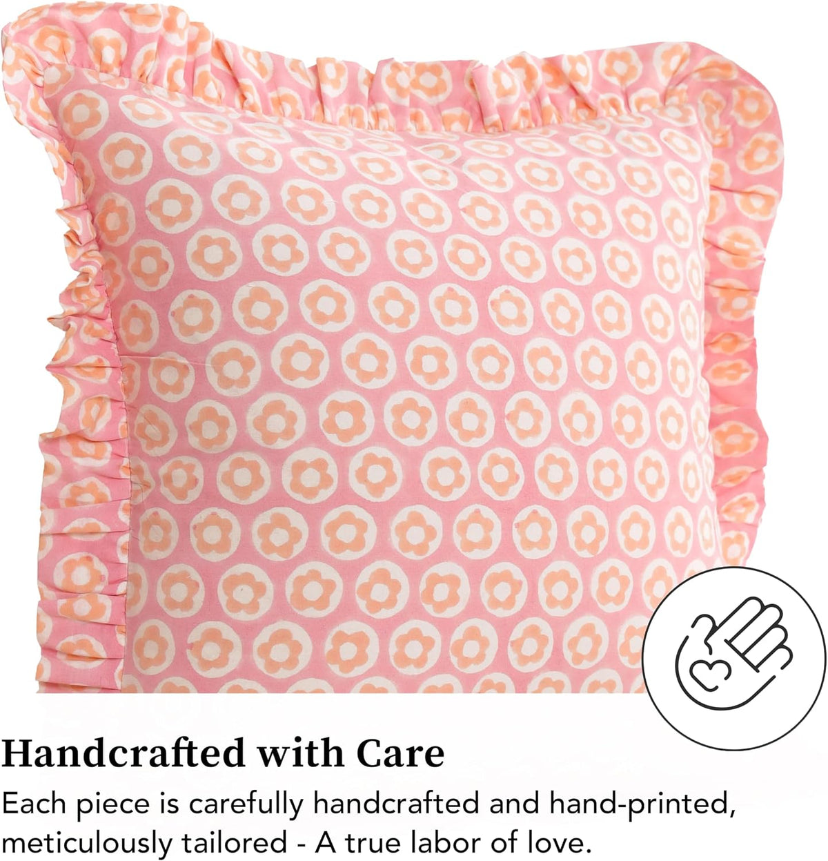Hand Block Print, artisan-made bright throw pillow covers (Set of 2) - 100% cotton ruffled cushions for sofa, bed, chair, boho home décor, Spring/Summer Refresh (Pink-Peach, 20" x 20")