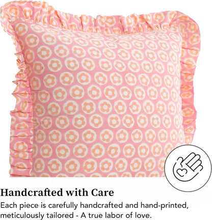 Hand Block Print, artisan-made bright throw pillow covers (Set of 2) - 100% cotton ruffled cushions for sofa, bed, chair, boho home décor, Spring/Summer Refresh (Pink-Peach, 20" x 20")