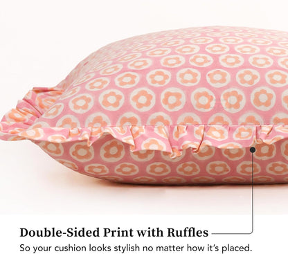 Hand Block Print, artisan-made bright throw pillow covers (Set of 2) - 100% cotton ruffled cushions for sofa, bed, chair, boho home décor, Spring/Summer Refresh (Pink-Peach, 20" x 20")