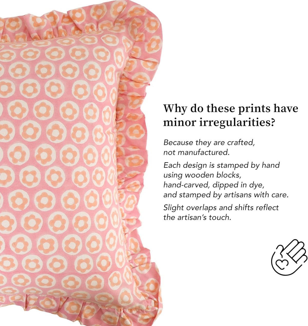 Hand Block Print, artisan-made bright throw pillow covers (Set of 2) - 100% cotton ruffled cushions for sofa, bed, chair, boho home décor, Spring/Summer Refresh (Pink-Peach, 20" x 20")