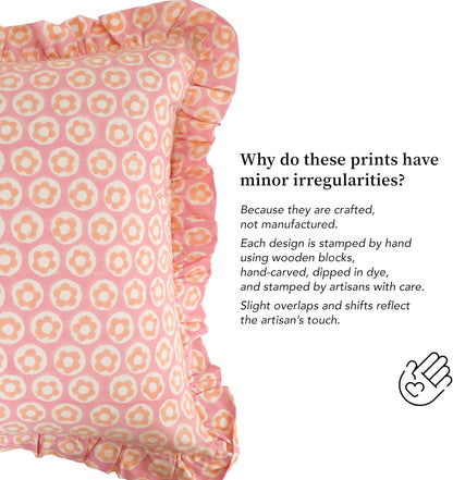Hand Block Print, artisan-made bright throw pillow covers (Set of 2) - 100% cotton ruffled cushions for sofa, bed, chair, boho home décor, Spring/Summer Refresh (Pink-Peach, 20" x 20")