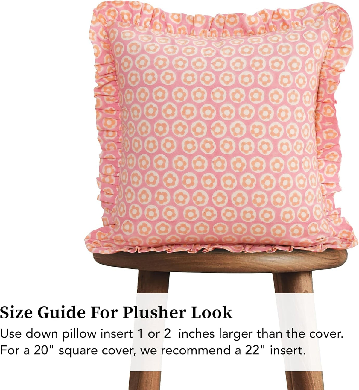 Hand Block Print, artisan-made bright throw pillow covers (Set of 2) - 100% cotton ruffled cushions for sofa, bed, chair, boho home décor, Spring/Summer Refresh (Pink-Peach, 20" x 20")