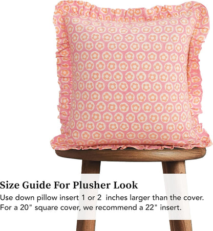Hand Block Print, artisan-made bright throw pillow covers (Set of 2) - 100% cotton ruffled cushions for sofa, bed, chair, boho home décor, Spring/Summer Refresh (Pink-Peach, 20" x 20")
