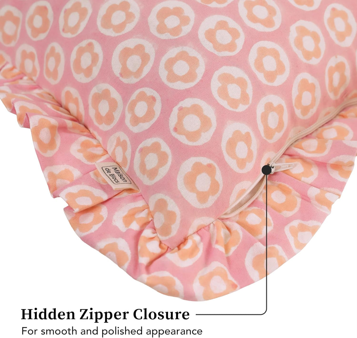 Hand Block Print, artisan-made bright throw pillow covers (Set of 2) - 100% cotton ruffled cushions for sofa, bed, chair, boho home décor, Spring/Summer Refresh (Pink-Peach, 20" x 20")