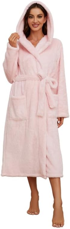 Womens Hooded Fleece Robe, Thick Warm Plush Bathrobe for Women, Long Fluffy Comfy House Coat Long Fur Fleece