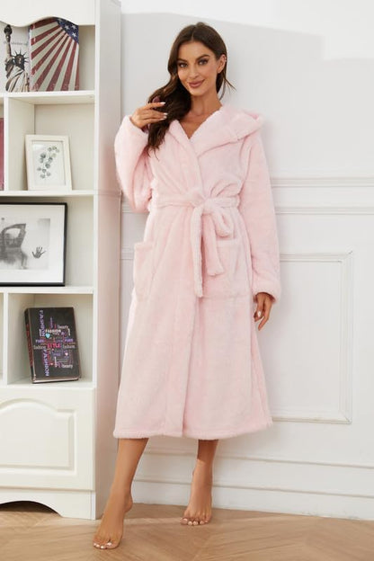 Womens Hooded Fleece Robe, Thick Warm Plush Bathrobe for Women, Long Fluffy Comfy House Coat Long Fur Fleece