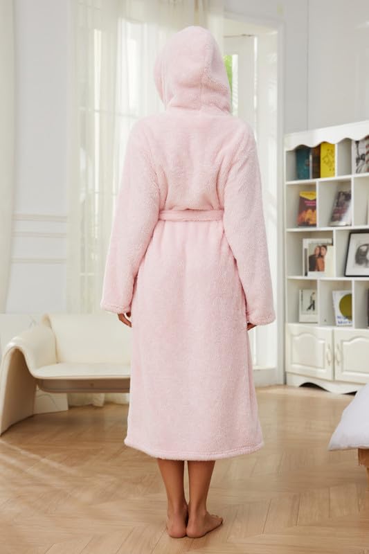 Womens Hooded Fleece Robe, Thick Warm Plush Bathrobe for Women, Long Fluffy Comfy House Coat Long Fur Fleece