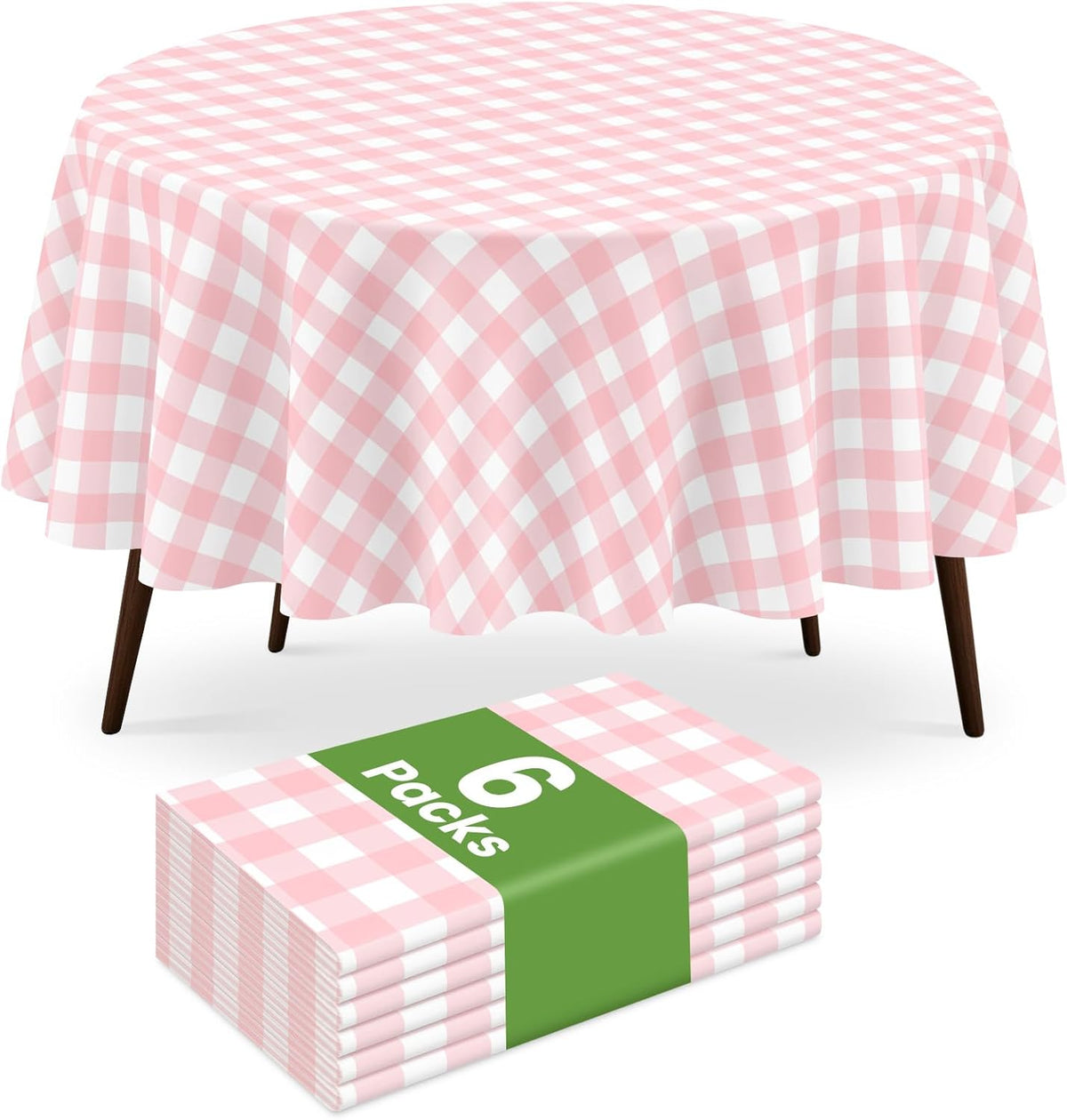 84" Pink Gingham Round Plastic Tablecloth Disposable, 6 Pack