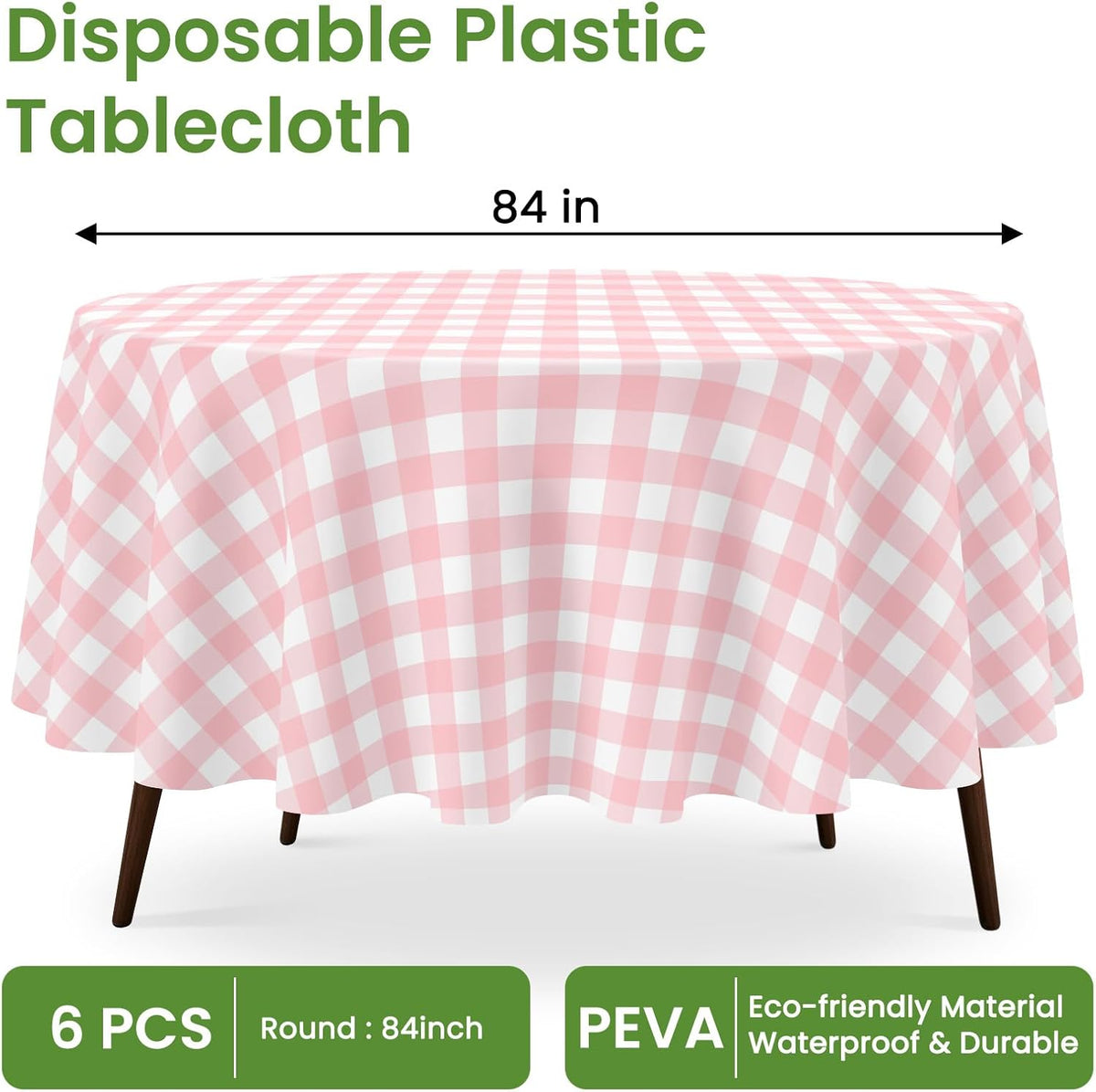 84" Pink Gingham Round Plastic Tablecloth Disposable, 6 Pack