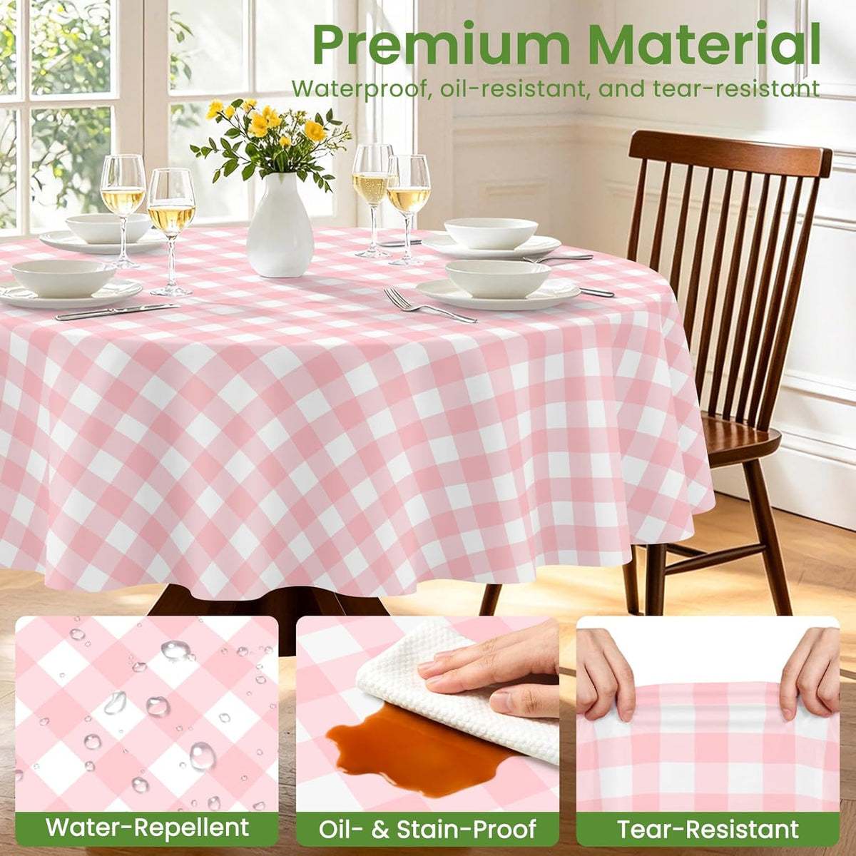 84" Pink Gingham Round Plastic Tablecloth Disposable, 6 Pack