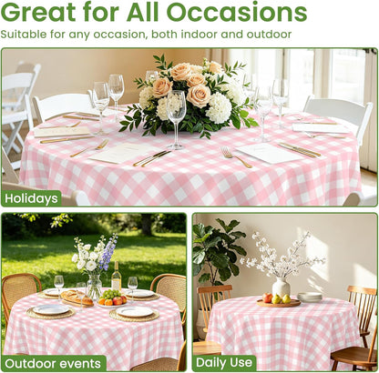 84" Pink Gingham Round Plastic Tablecloth Disposable, 6 Pack