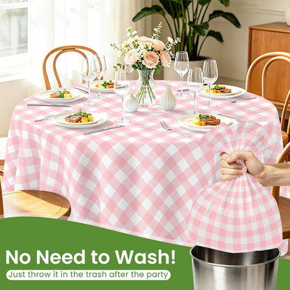 84" Pink Gingham Round Plastic Tablecloth Disposable, 6 Pack